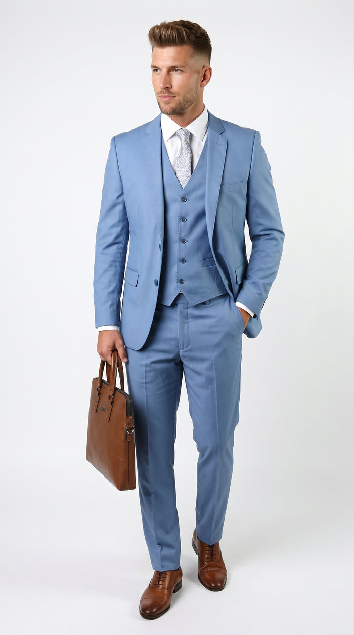 Statement Men’s Solid Steel Blue 100% Wool Vested Suit, Formal Wedding Business 3 Piece Suit Set