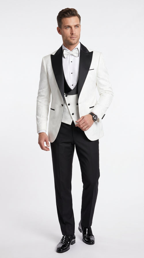 Statement Men’s White and Black Vested Tuxedo, Peak Lapel Wedding Prom Formal Suit with Bow Tie