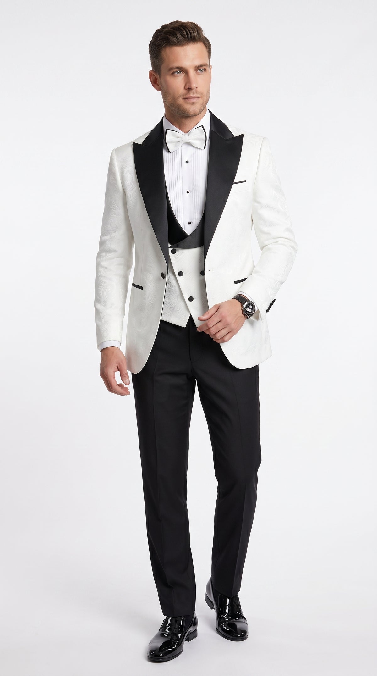 Statement Men’s White and Black Vested Tuxedo, Peak Lapel Wedding Prom Formal Suit with Bow Tie