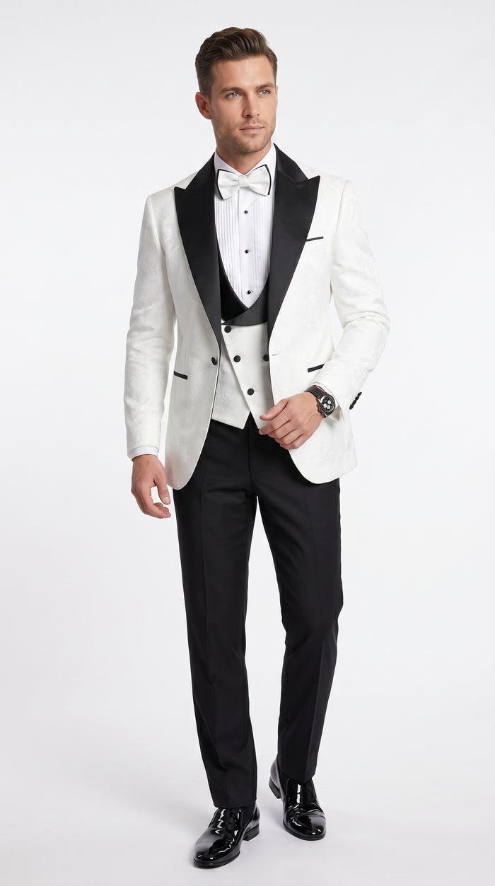 Statement Men’s White and Black Vested Tuxedo, Peak Lapel Wedding Prom Formal Suit with Bow Tie