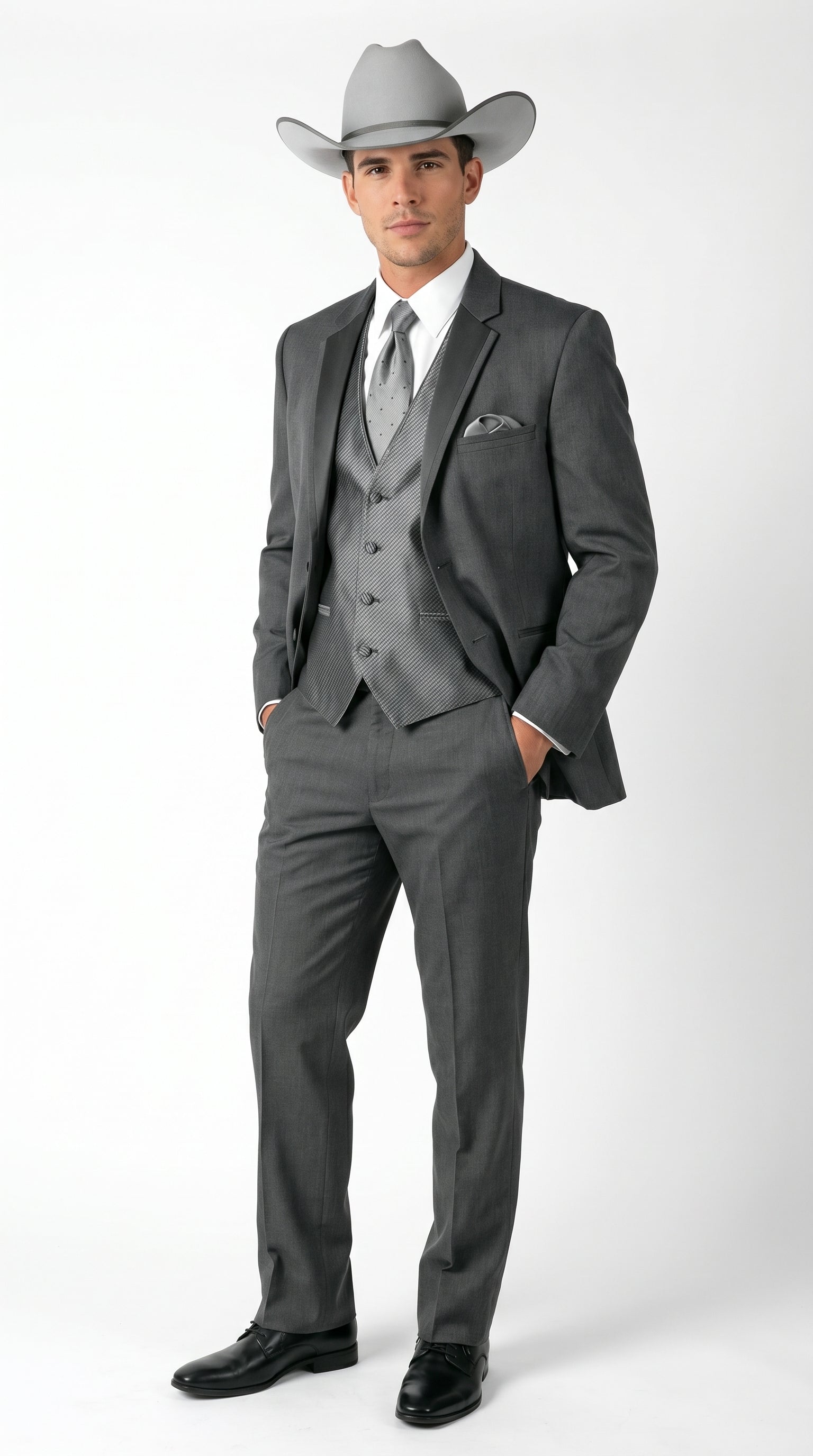 2 Button Trim Cowboy Tuxedo  Grey - Jacket and Pants