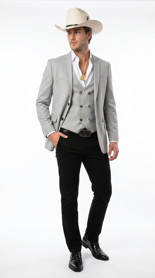 Men’s Light Gray Western Suit Blazer with Double Breasted Vest, Modern Cowboy Formal Outfit