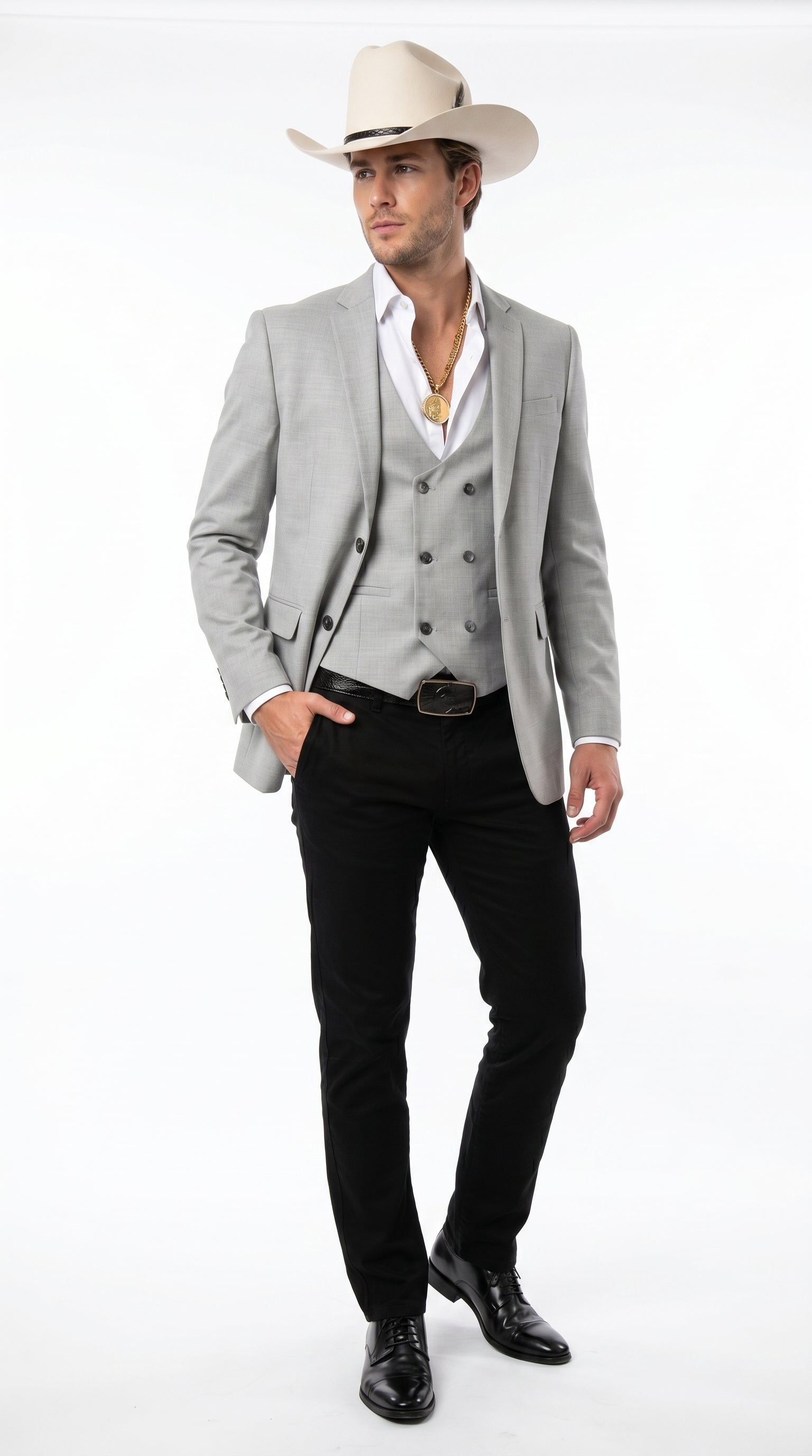 Men’s Light Gray Western Suit Blazer with Double Breasted Vest, Modern Cowboy Formal Outfit