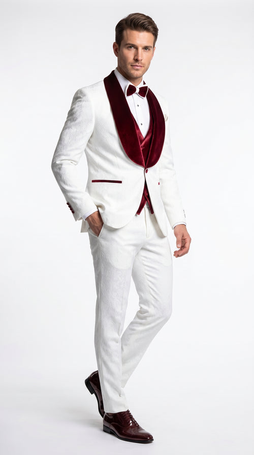 Men’s Gianni White and Burgundy Velvet Lapel 3 Piece Tuxedo, Formal Wedding Prom Suit