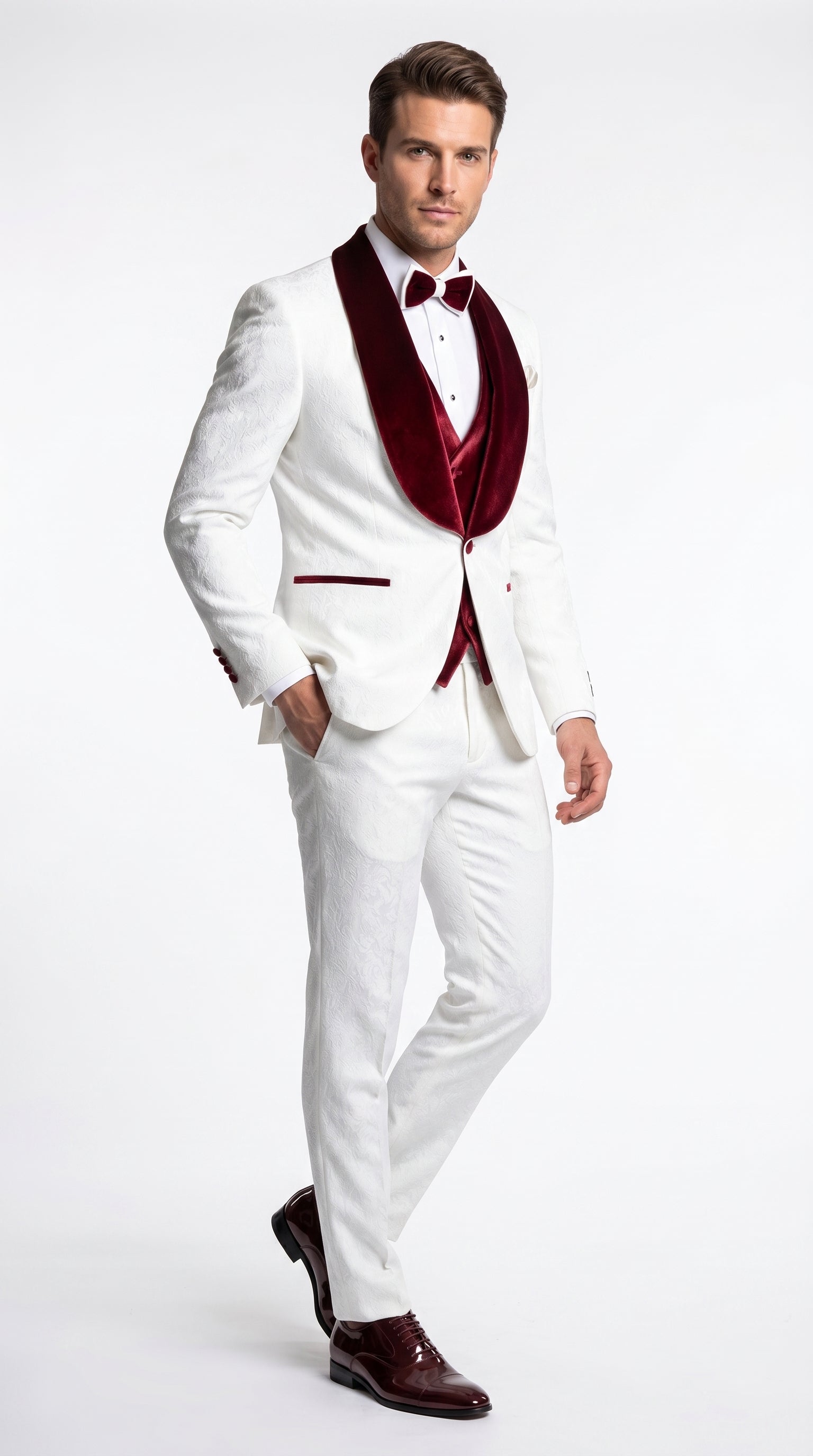 Men’s Gianni White and Burgundy Velvet Lapel 3 Piece Tuxedo, Formal Wedding Prom Suit