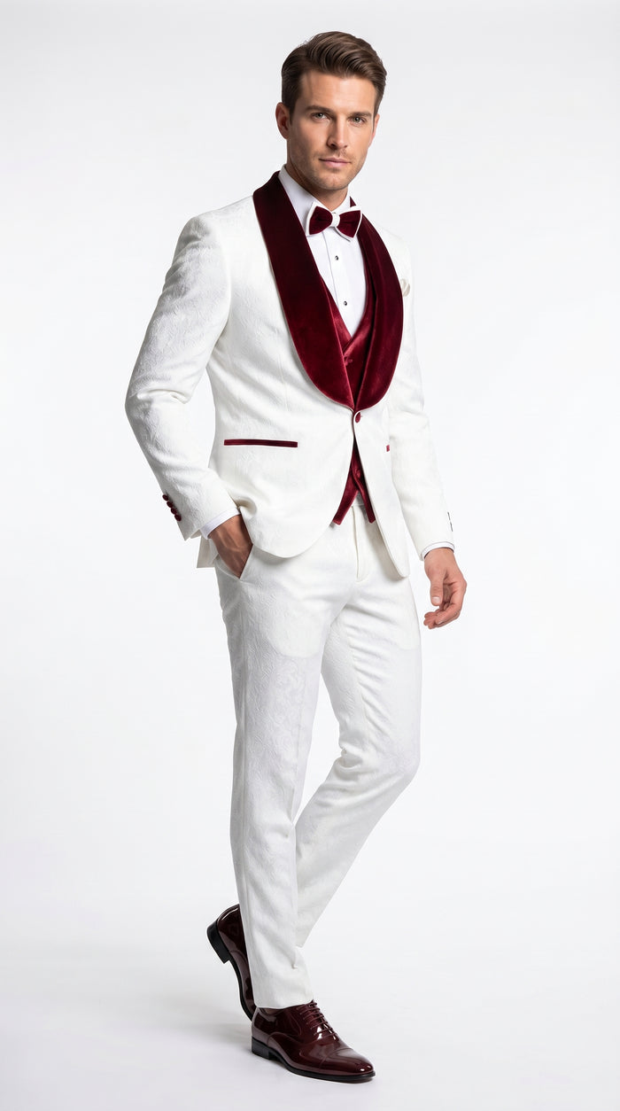 Men’s Gianni White and Burgundy Velvet Lapel 3 Piece Tuxedo, Formal Wedding Prom Suit
