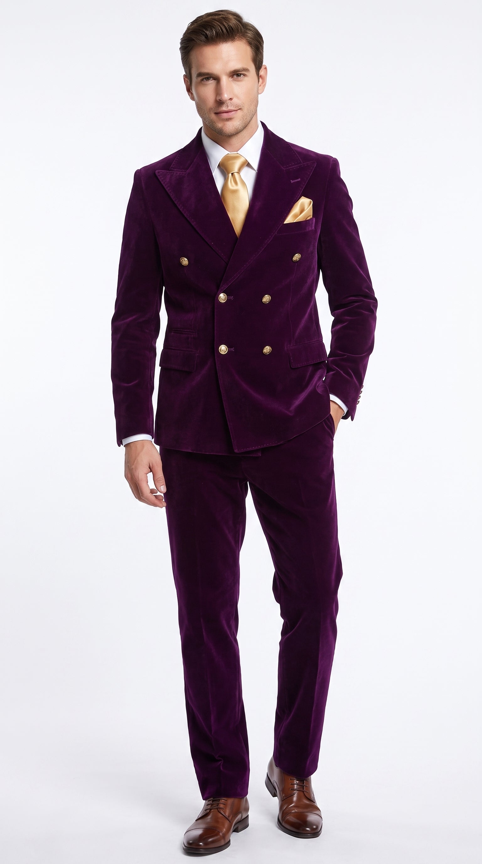 Men’s Rossi Man Zeus Purple Velvet Double Breasted Tuxedo Suit, Formal Wedding Prom Dinner Suit Set
