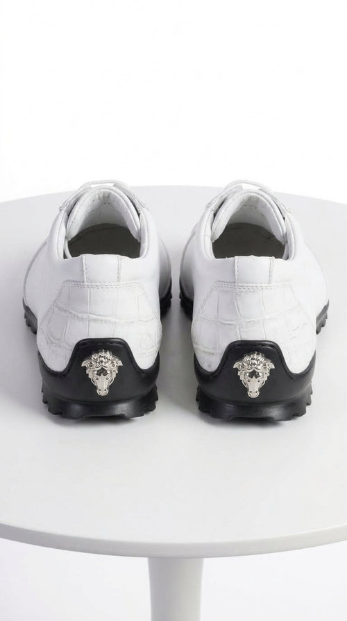Men’s White Ostrich Leg Leather Sneaker LAB-ZC091928, Exotic Lace-Up Casual Dress Shoes