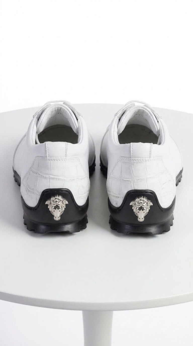 Men’s White Ostrich Leg Leather Sneaker LAB-ZC091928, Exotic Lace-Up Casual Dress Shoes