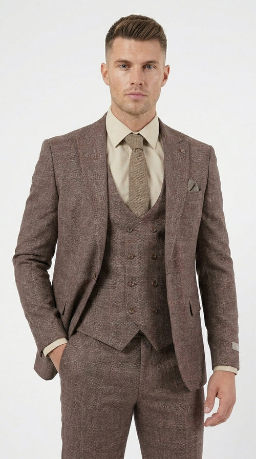 Stacy Adams Men’s Brown Textured Windowpane 3 Piece Hybrid Fit Suit, Black and Orange Check Formal Dress Suit for Weddings, Prom, Business Events, and Parties