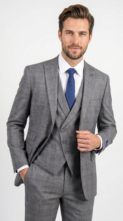 Men’s Gray Glen Plaid 3 Piece Suit with Jacket, Vest and Pants, Formal Wedding Business Dress Suit