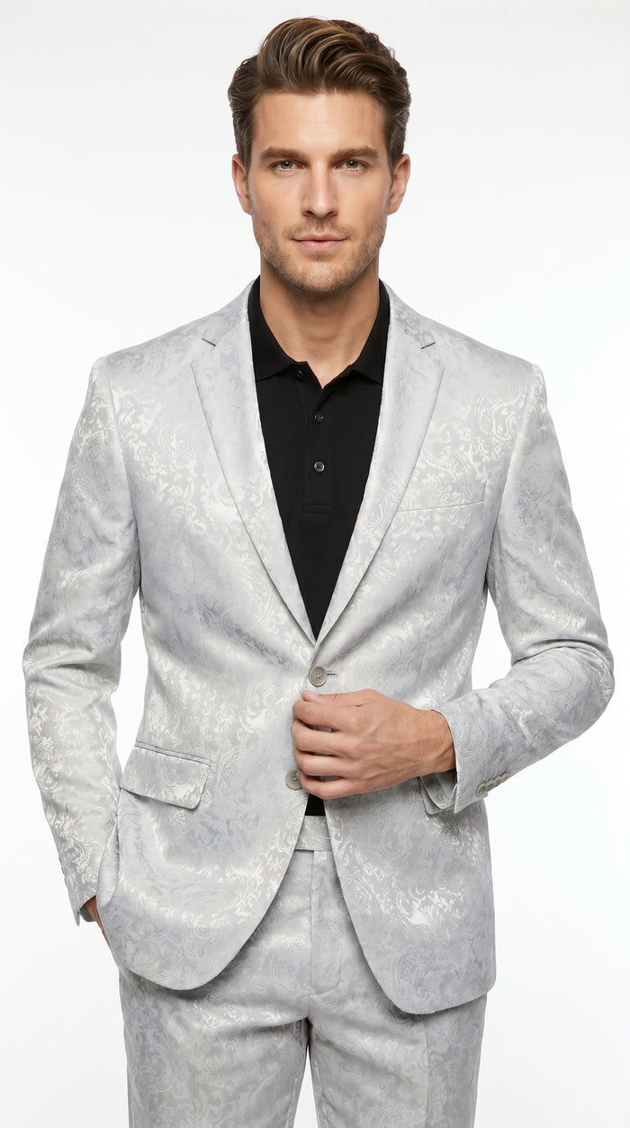 Men’s Silver Grey Paisley Wedding and Prom 2026 Suit with Jacket and Matching Pants