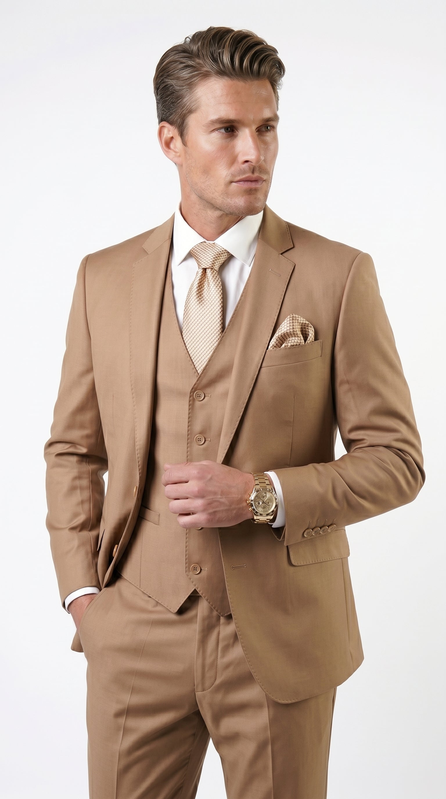 Statement Men’s Solid Caramel 100% Wool Vested Suit, Formal Wedding Business 3 Piece Suit Set