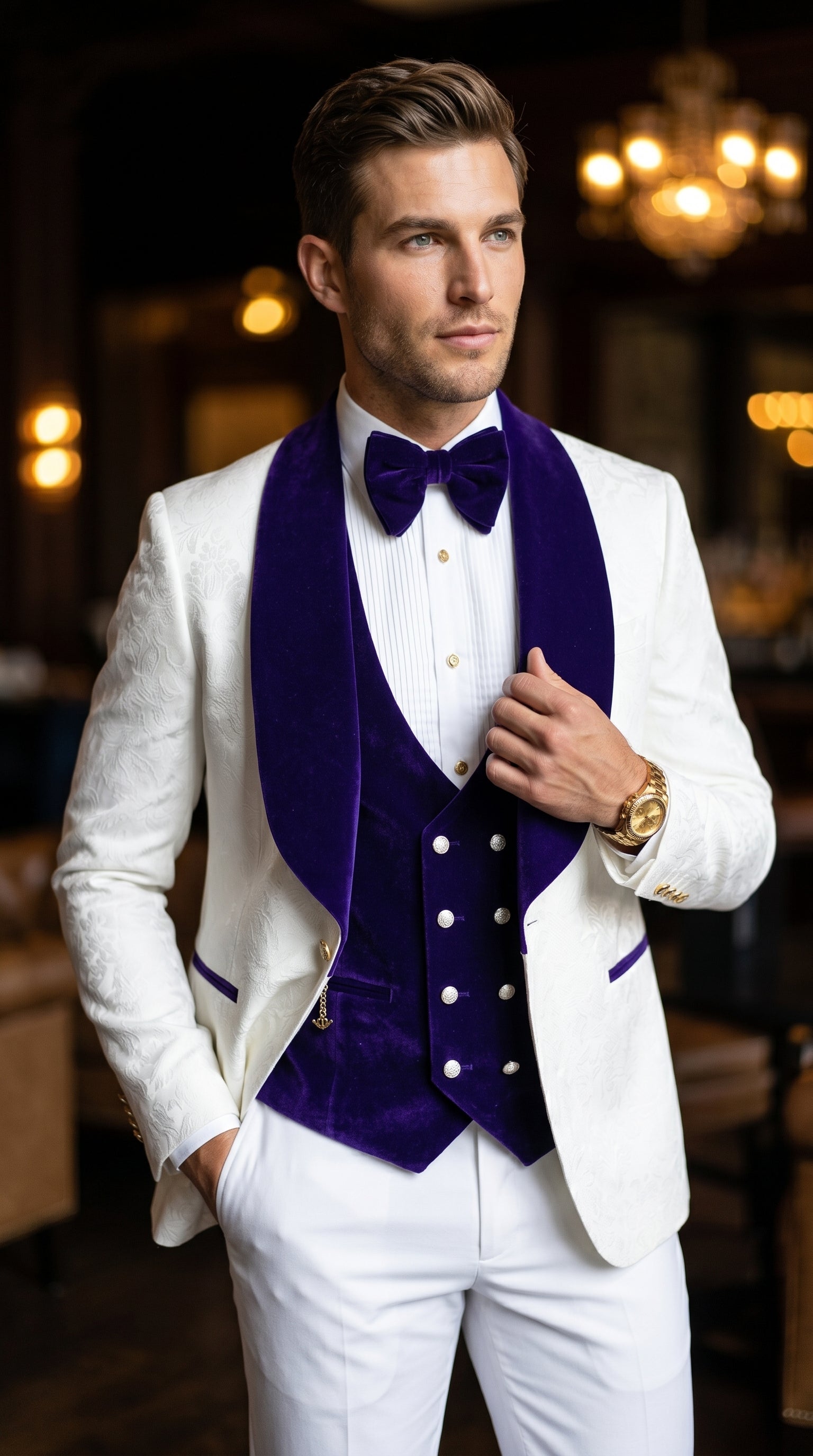 Men’s White and Royal Blue Wedding Tuxedo, Groom Prom Suit with Velvet Shawl Lapel and Matching Vest