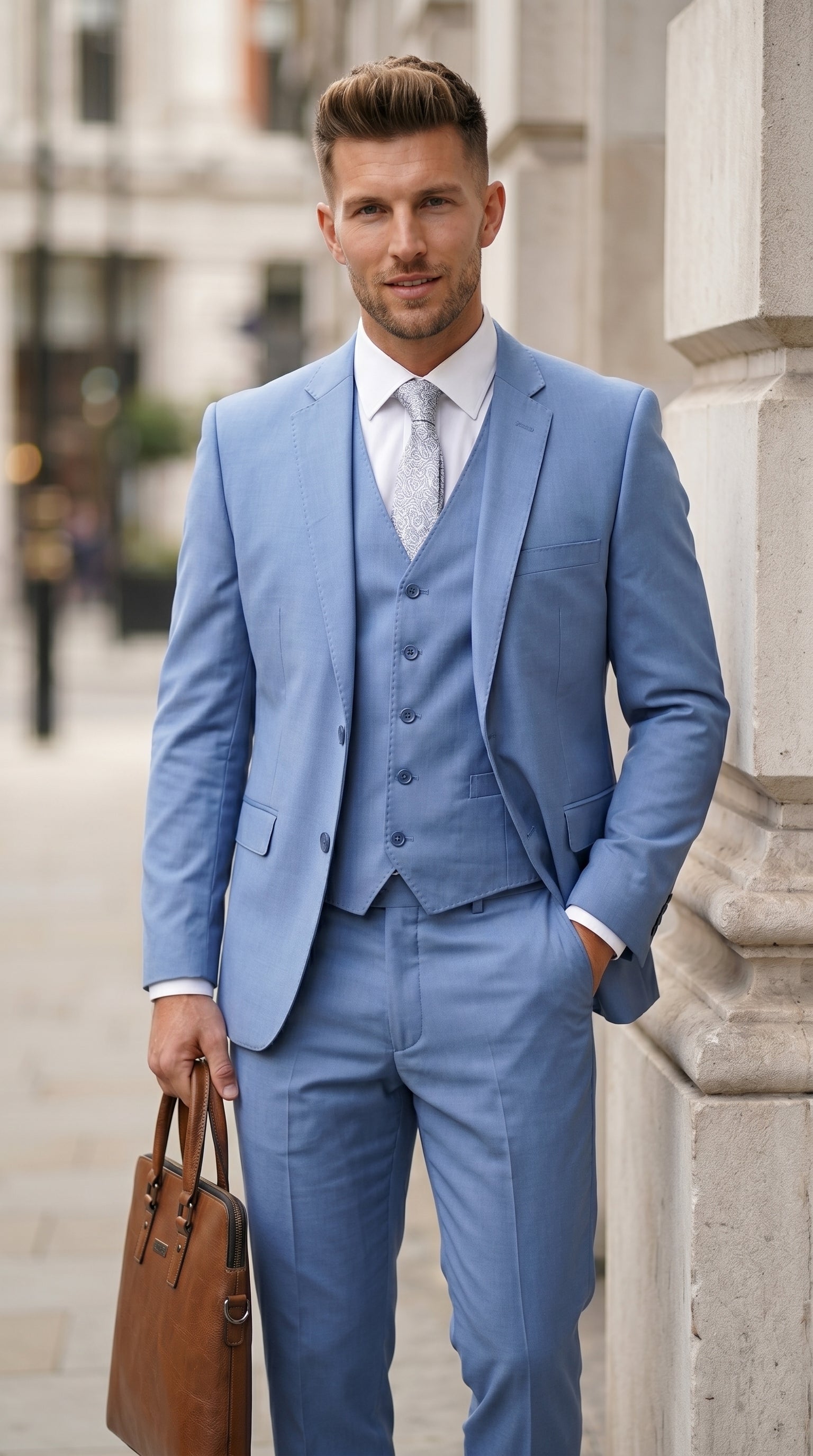 Statement Men’s Solid Steel Blue 100% Wool Vested Suit, Formal Wedding Business 3 Piece Suit Set