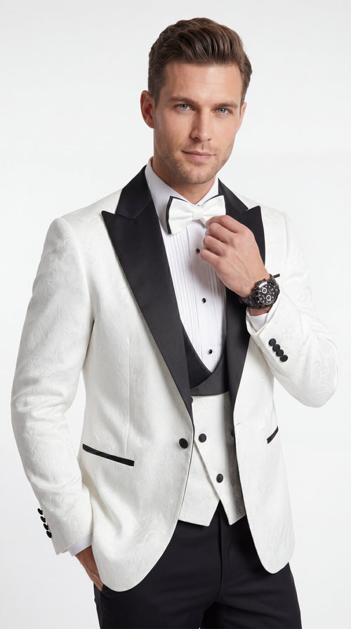 Statement Men’s White and Black Vested Tuxedo, Peak Lapel Wedding Prom Formal Suit with Bow Tie