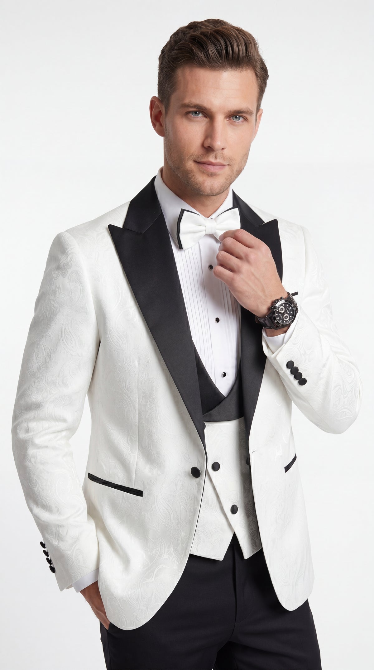 Statement Men’s White and Black Vested Tuxedo, Peak Lapel Wedding Prom Formal Suit with Bow Tie