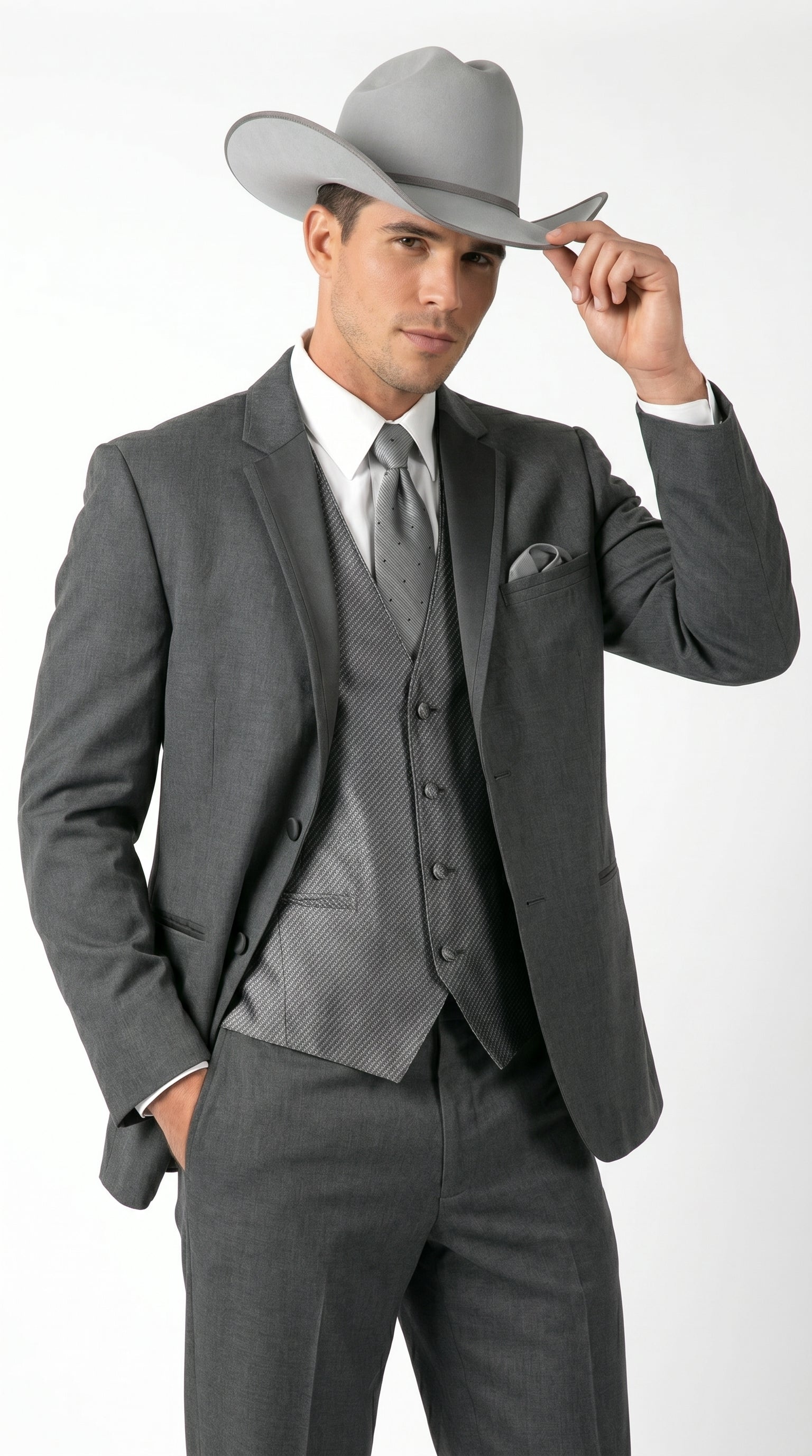 2 Button Trim Cowboy Tuxedo  Grey - Jacket and Pants
