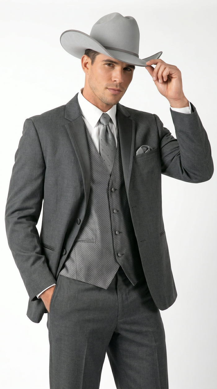 2 Button Trim Cowboy Tuxedo  Grey - Jacket and Pants