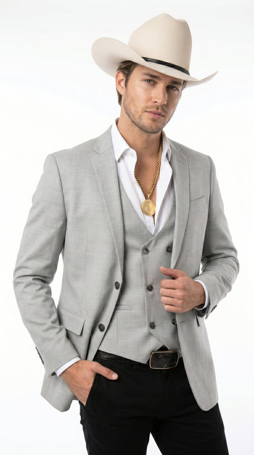 Men’s Light Gray Western Suit Blazer with Double Breasted Vest, Modern Cowboy Formal Outfit
