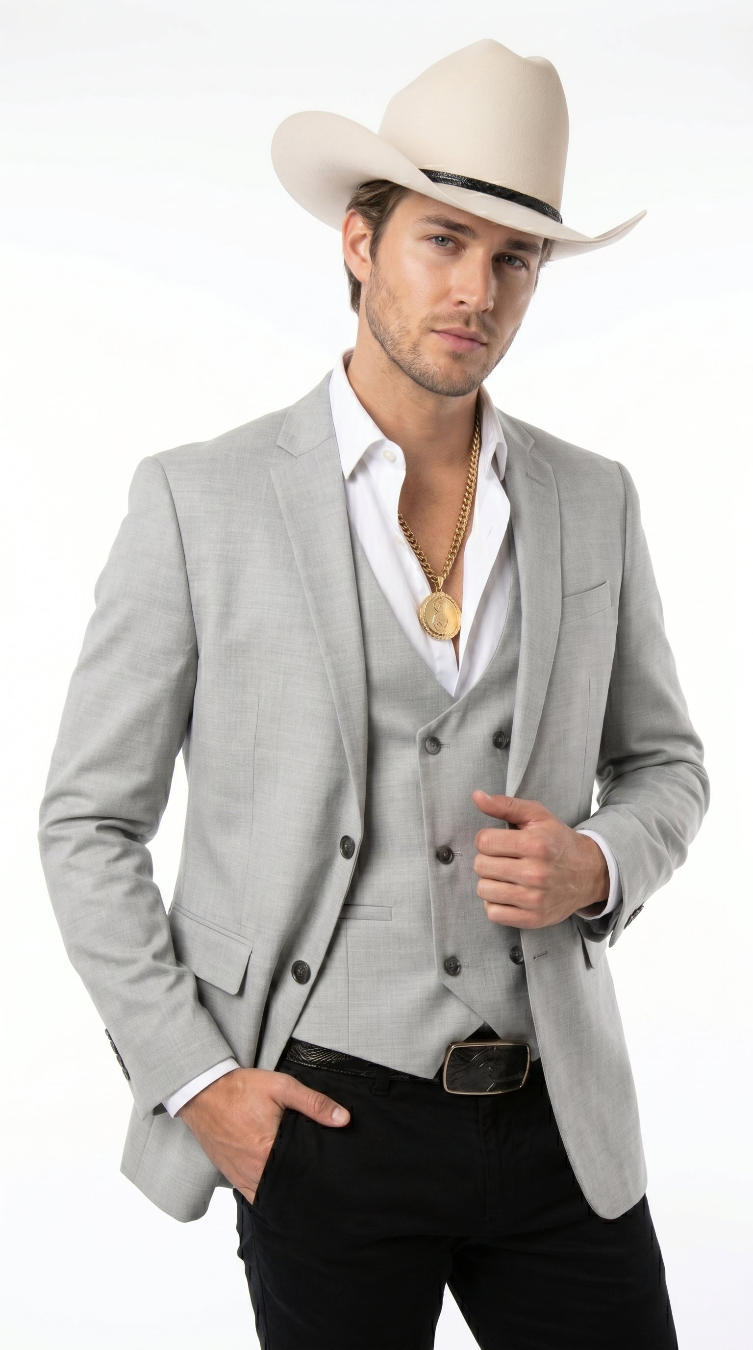 Men’s Light Gray Western Suit Blazer with Double Breasted Vest, Modern Cowboy Formal Outfit