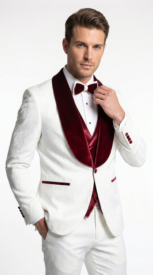 Men’s Gianni White and Burgundy Velvet Lapel 3 Piece Tuxedo, Formal Wedding Prom Suit