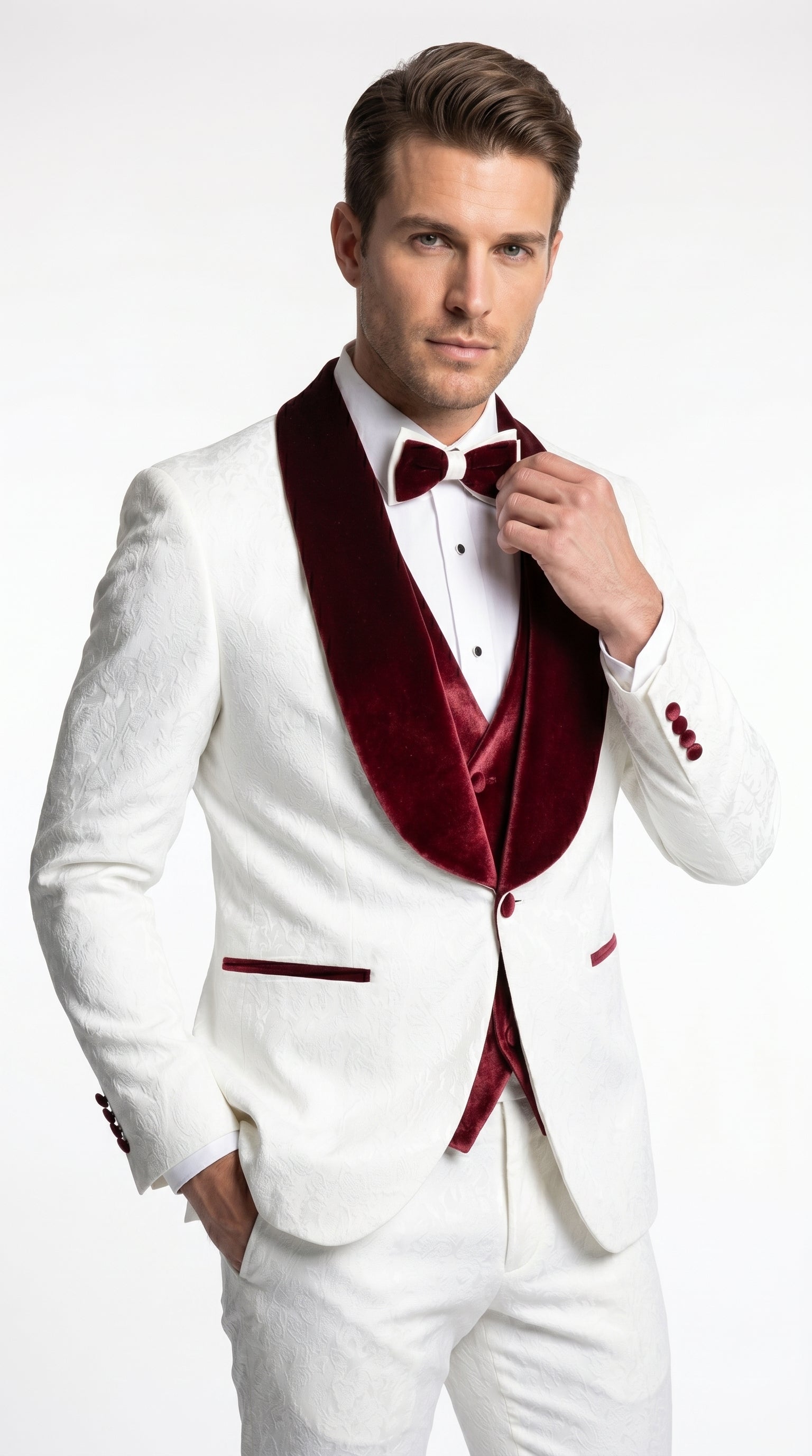 Men’s Gianni White and Burgundy Velvet Lapel 3 Piece Tuxedo, Formal Wedding Prom Suit