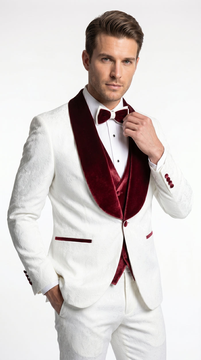 Men’s Gianni White and Burgundy Velvet Lapel 3 Piece Tuxedo, Formal Wedding Prom Suit