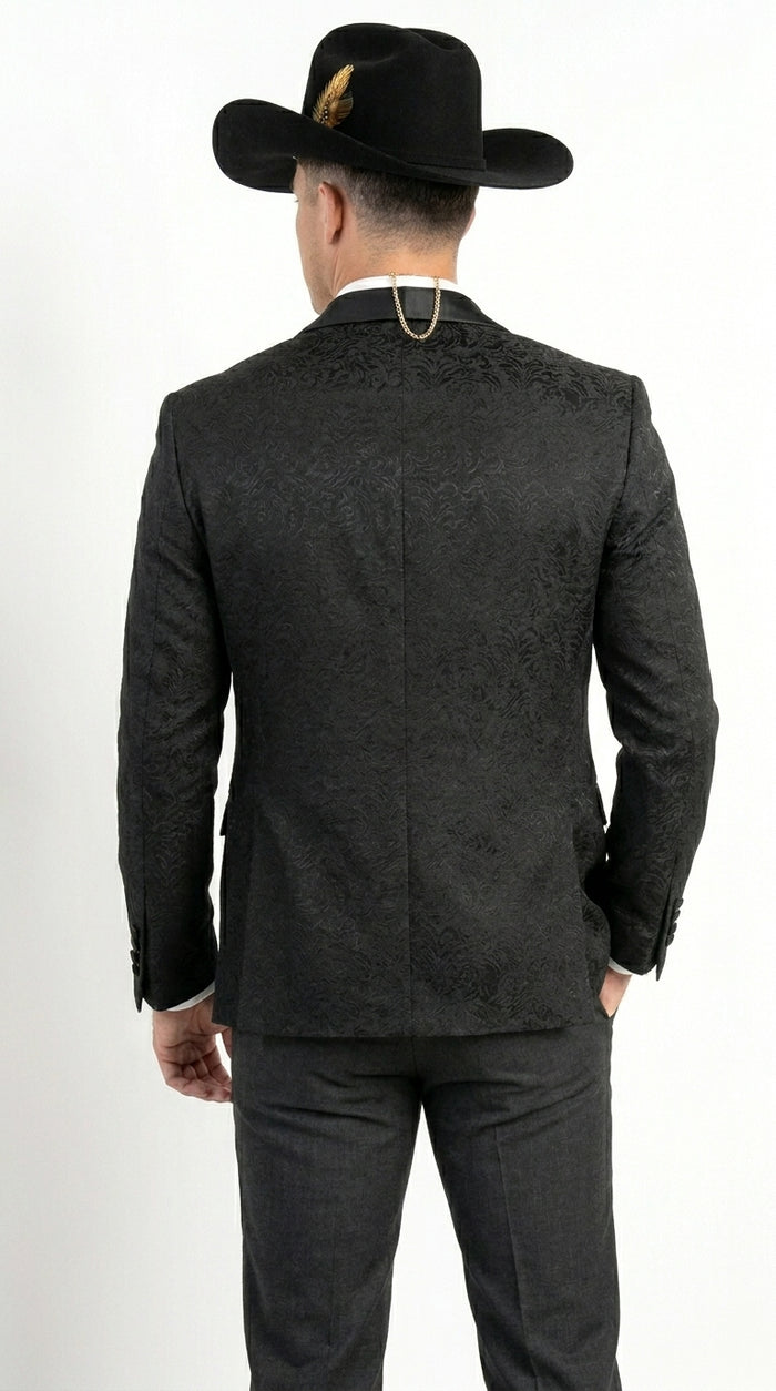 Men’s Black Paisley Jacquard Western Formal Blazer with Satin Shawl Lapel, Designer Jacket