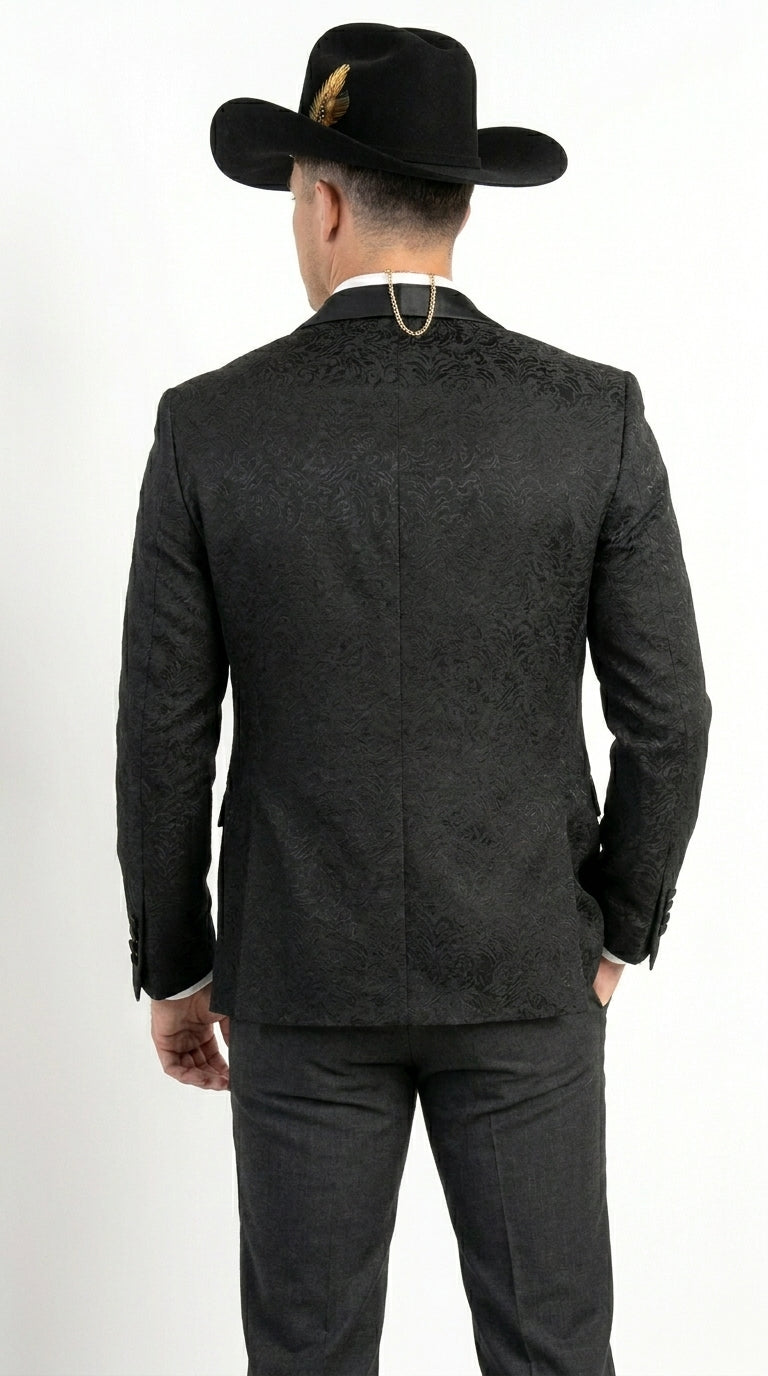 Men’s Black Paisley Jacquard Western Formal Blazer with Satin Shawl Lapel, Designer Jacket