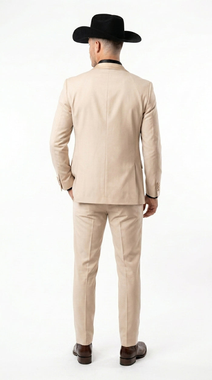 Mens Light Beige Western 3-Piece Suit – Cowboy Tuxedo with Shawl Lapel