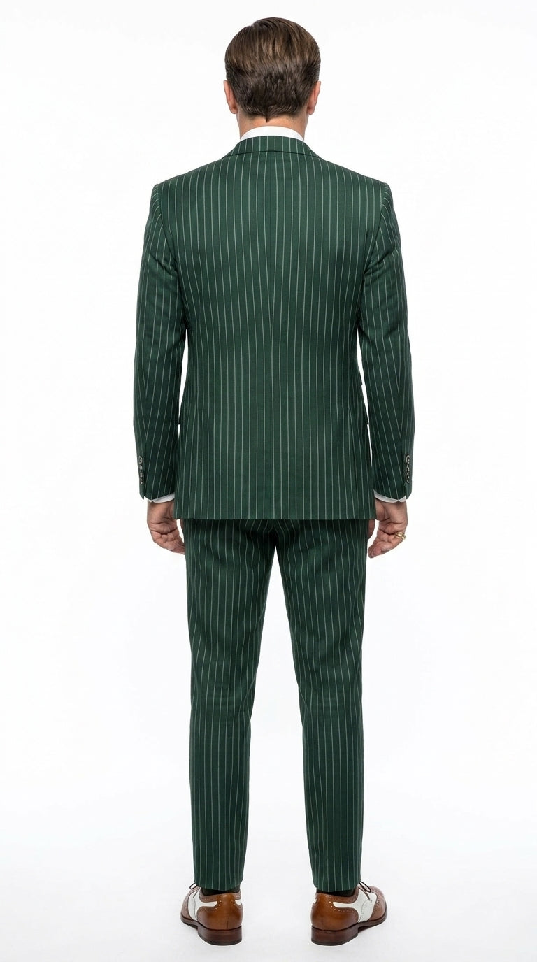 Men’s Hunter Green Pinstripe 1920s Gangster 3 Piece Suit, Great Gatsby Formal Outfit for Weddings, Prom, Parties, and Theme Events
