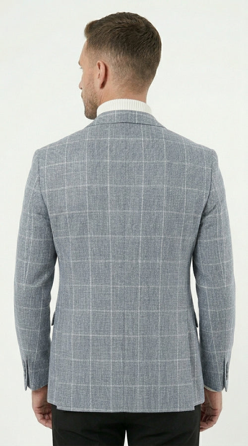 Stacy Adams Men’s Light Gray and Blue Textured Windowpane Sport Coat, Hybrid Fit Business Casual Blazer