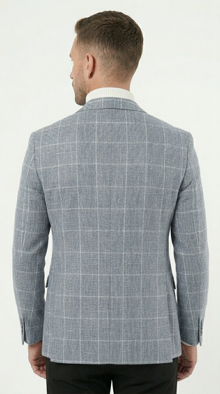 Stacy Adams Men’s Light Gray and Blue Textured Windowpane Sport Coat, Hybrid Fit Business Casual Blazer