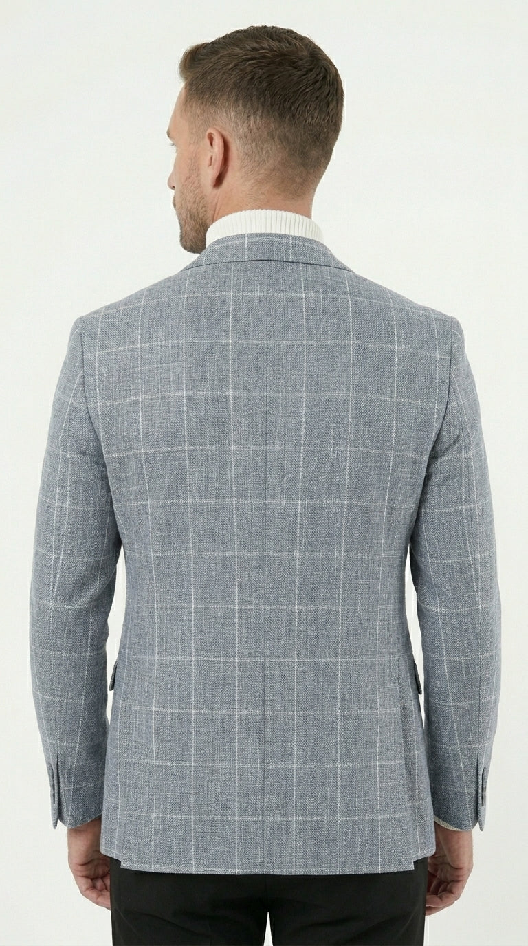 Stacy Adams Men’s Light Gray and Blue Textured Windowpane Sport Coat, Hybrid Fit Business Casual Blazer