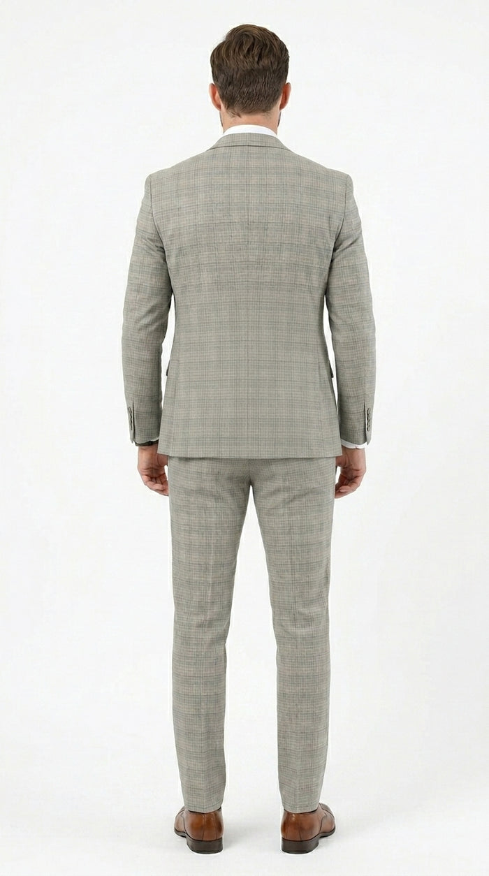 Men’s Khaki Glen Plaid Stacy Adams 3 Piece Suit, Two Button Peak Lapel Formal Wedding Suit Set