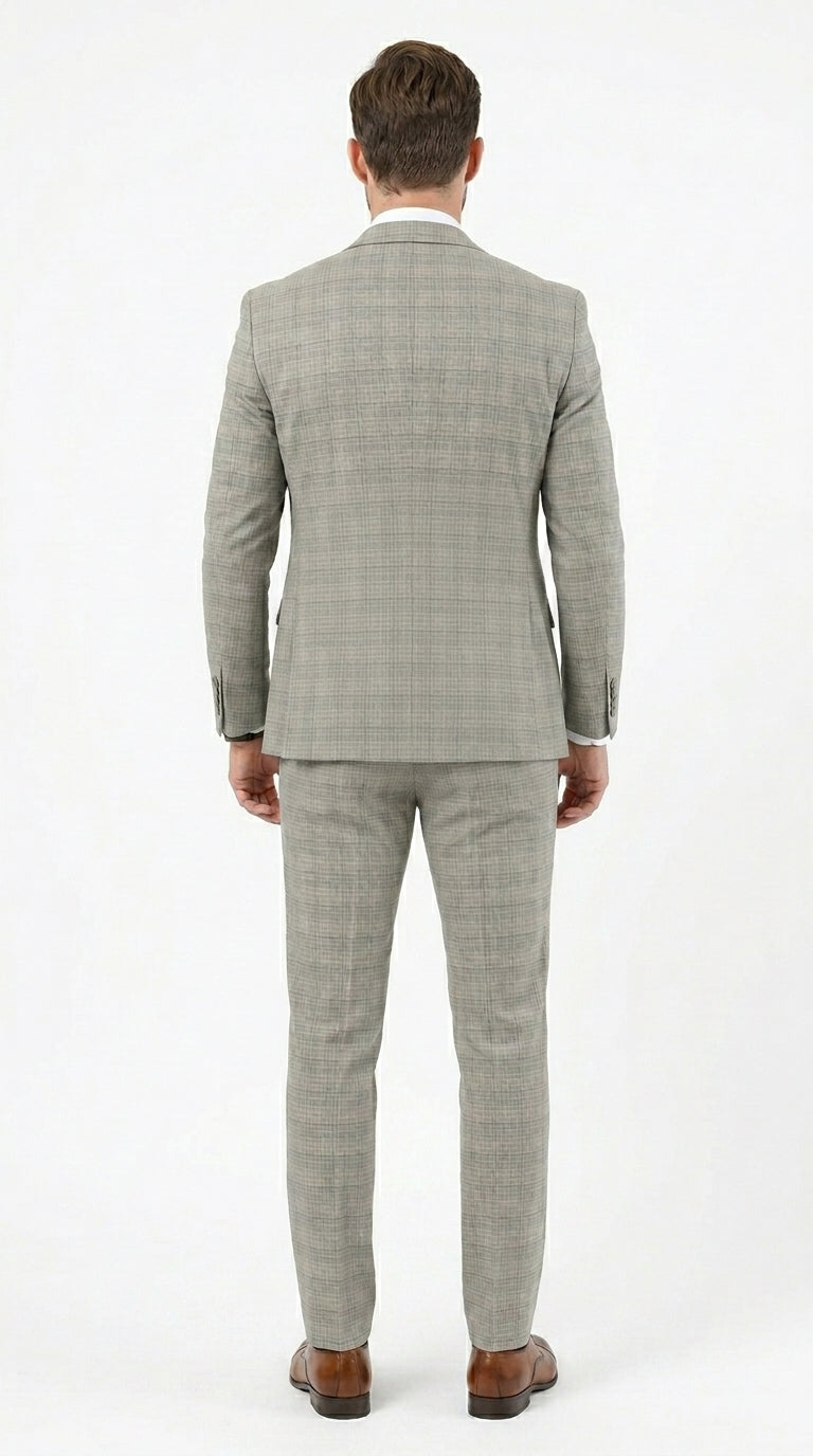 Men’s Khaki Glen Plaid Stacy Adams 3 Piece Suit, Two Button Peak Lapel Formal Wedding Suit Set