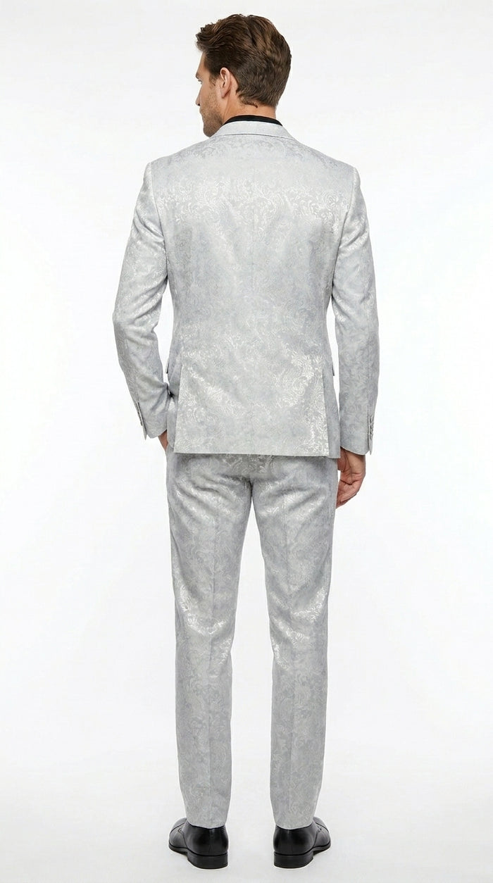 Men’s Silver Grey Paisley Wedding and Prom 2026 Suit with Jacket and Matching Pants