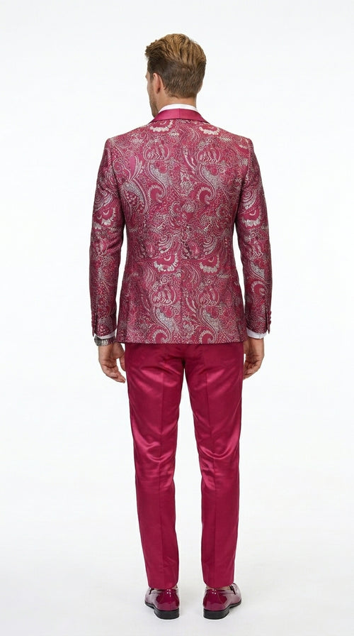 Statement Men’s Red Patterned Vested Tuxedo with Bowtie, Paisley Formal Wedding Prom Suit Set