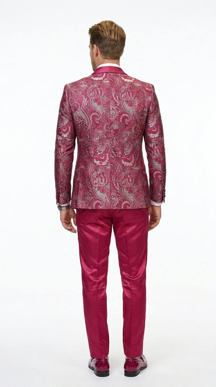 Statement Men’s Red Patterned Vested Tuxedo with Bowtie, Paisley Formal Wedding Prom Suit Set