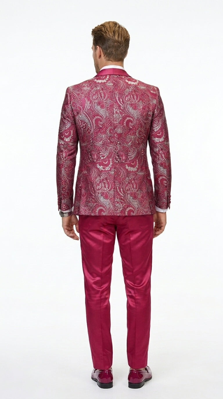 Statement Men’s Red Patterned Vested Tuxedo with Bowtie, Paisley Formal Wedding Prom Suit Set