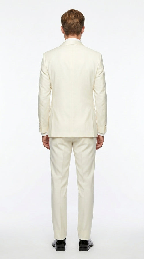 Statement Men’s Off White 100% Wool Vested Tuxedo with White Lapel, Wedding Prom Formal Suit Set