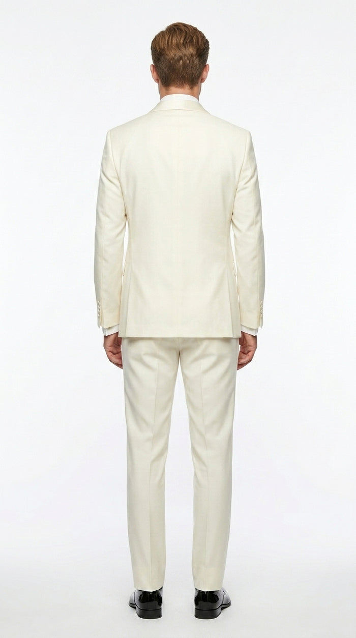 Statement Men’s Off White 100% Wool Vested Tuxedo with White Lapel, Wedding Prom Formal Suit Set
