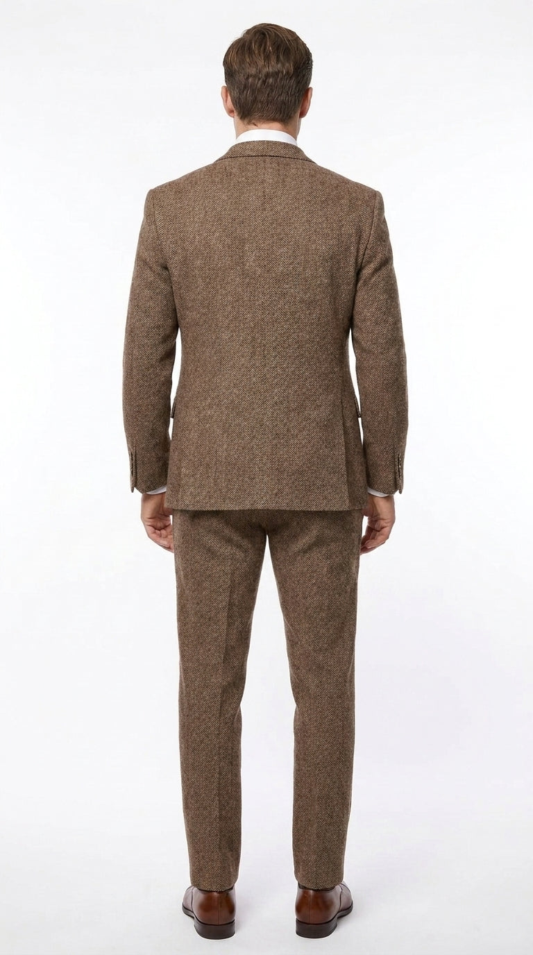 Men’s Light Brown Great Gatsby Tweed Herringbone Vested Suit, Tobey Maguire Inspired 1920s Formal Outfit