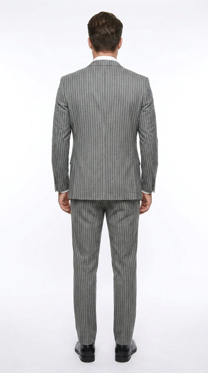Men’s Grey Pinstripe Gangster Suit – 3 Piece 2 Button Suit with Double Breasted Vest, Vintage Formal Outfit