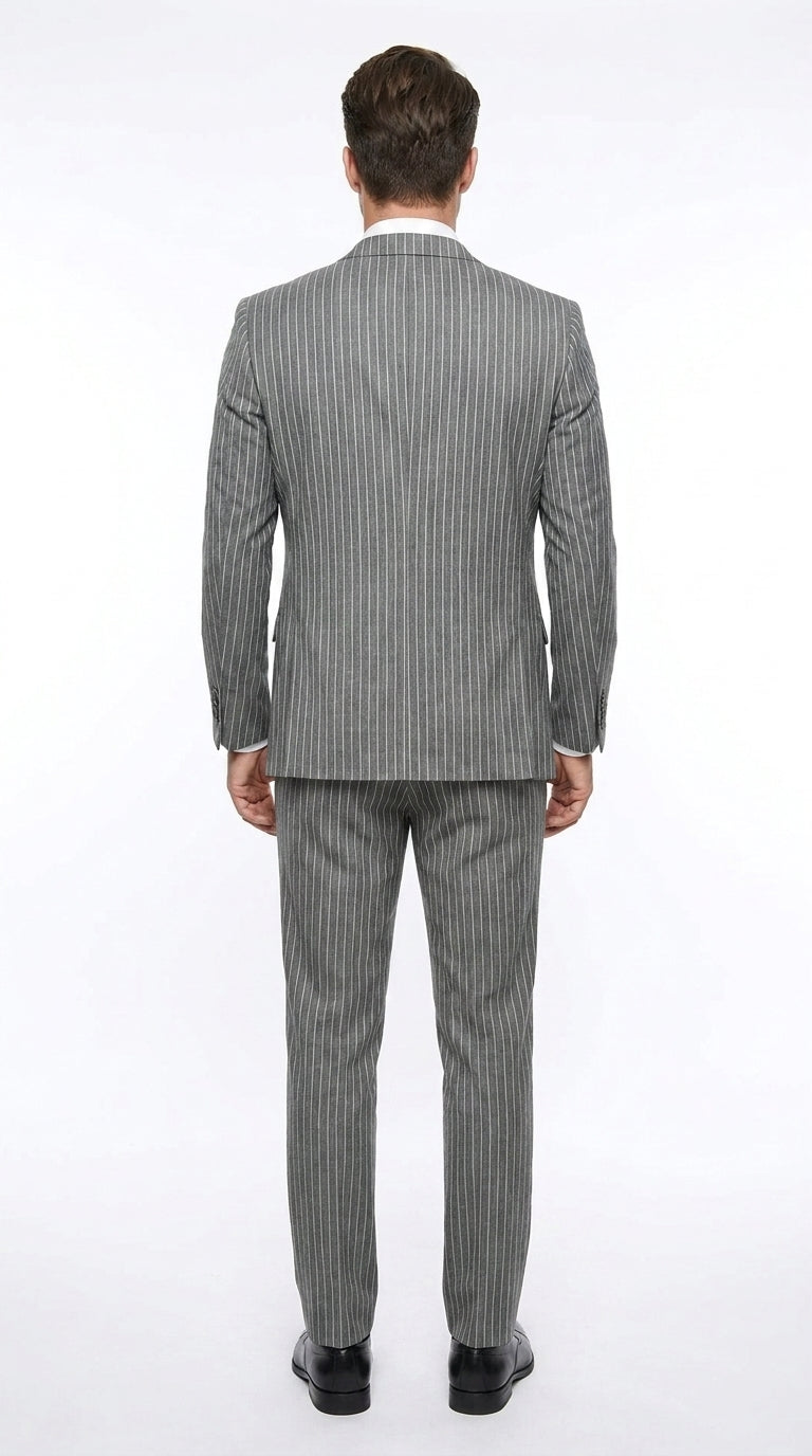 Men’s Grey Pinstripe Gangster Suit – 3 Piece 2 Button Suit with Double Breasted Vest, Vintage Formal Outfit