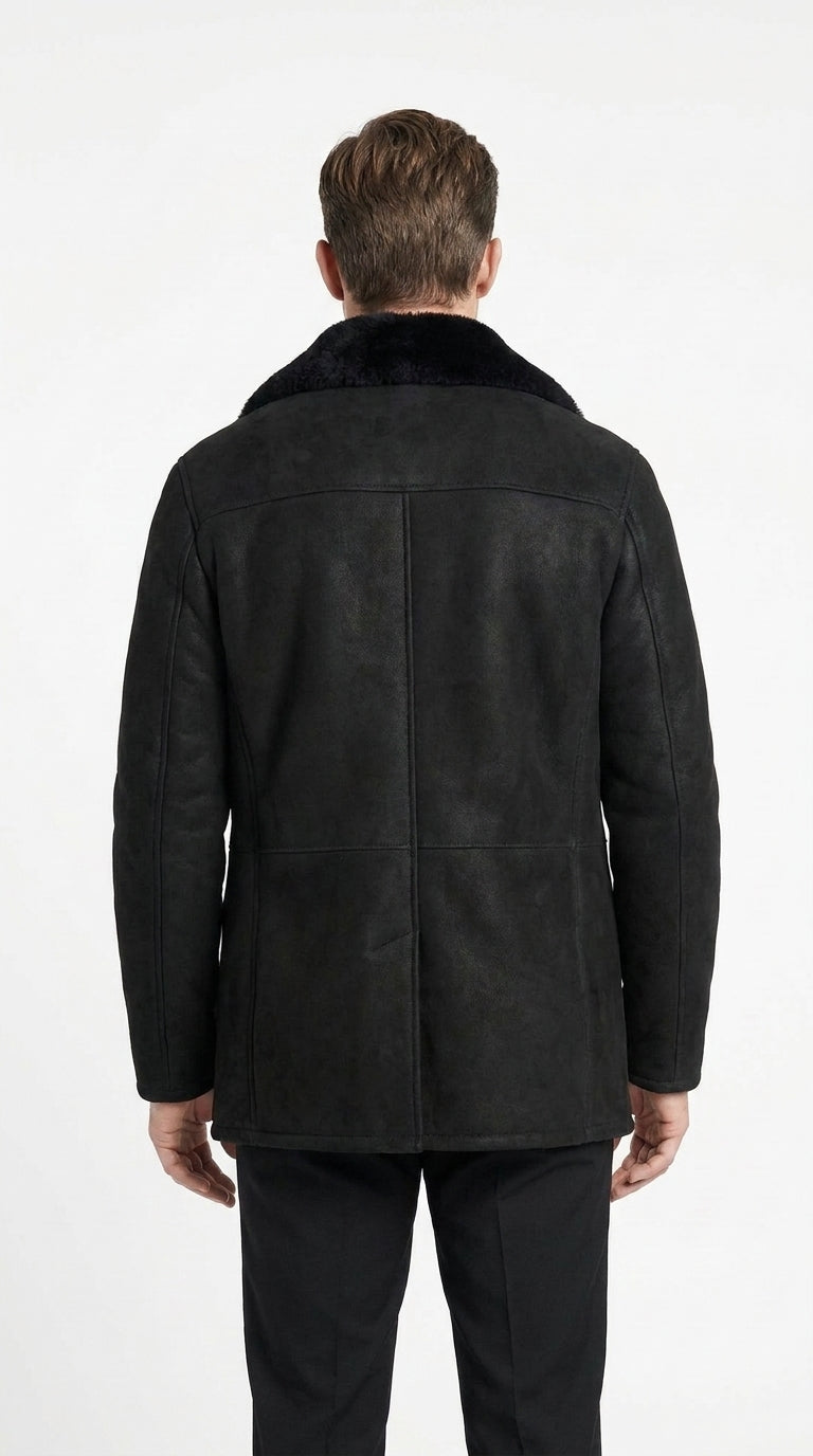 Men’s Black Shearling Jacket with Faux Fur Collar, Western Winter Coat for Casual Wear - S