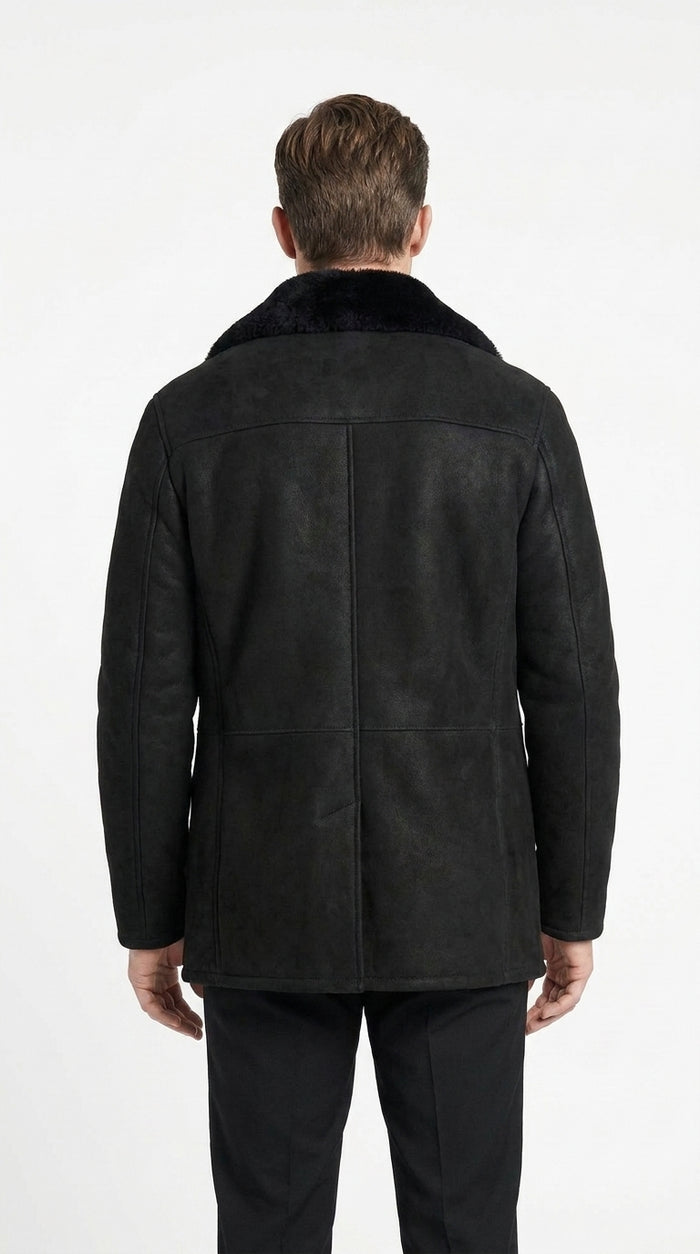 Men’s Black Shearling Jacket with Faux Fur Collar, Western Winter Coat for Casual Wear