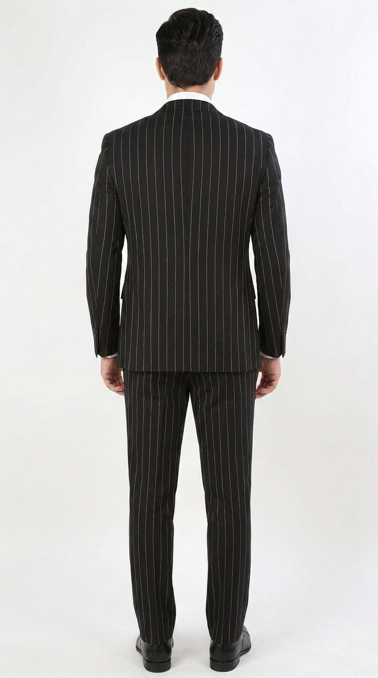 Royal Diamond Men’s Black Pinstripe 3-Piece Suit – Classic Wedding, Business and Formal Suit with Vest - 38 Short Jacket+32 Waist Adjustable 28to34)(Height: 5 4 to5 7 )(Neck  15-16.5)S-M)