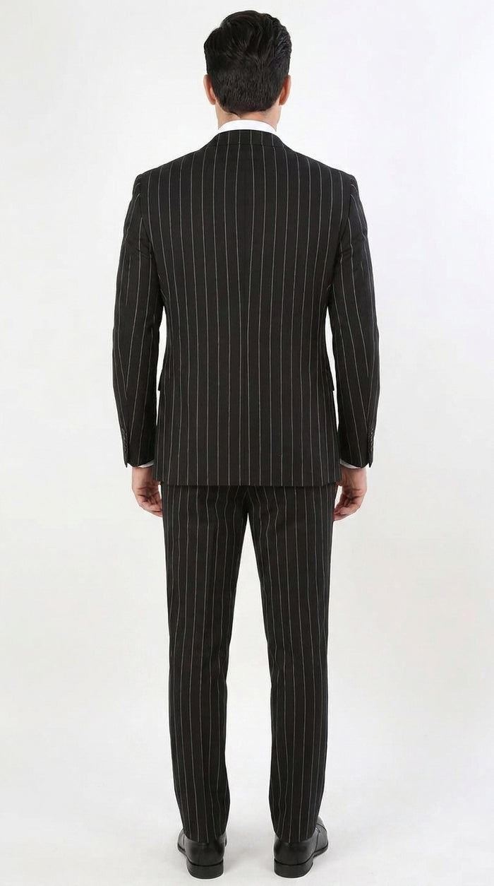 Royal Diamond Men’s Black Pinstripe 3-Piece Suit – Classic Wedding, Business and Formal Suit with Vest